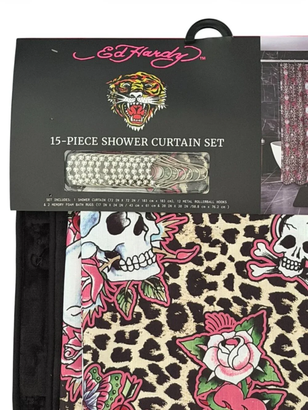 Ed Hardy Leopard / Black Shower Curtain Set with Bath Rugs | NEW